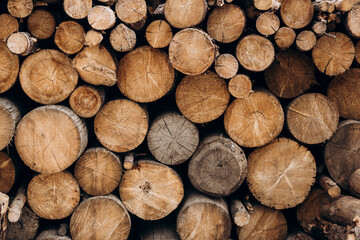 Natural wooden background, close-up of chopped firewood.