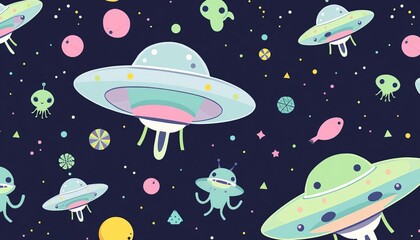 Fototapeta premium Charming pastel UFO and alien pattern; whimsical, space-themed repeat design, wallpaper, adorable