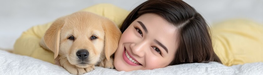 Obraz premium Relaxing morning with dog in bed cozy home lifestyle photography warm atmosphere close-up view