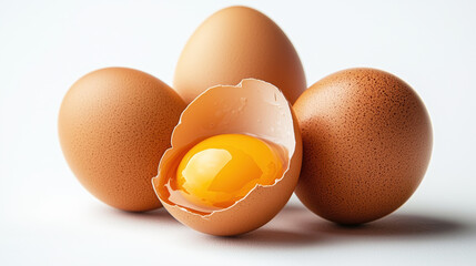 Four brown eggs are displayed, with one cracked open to show a vibrant yellow yolk inside