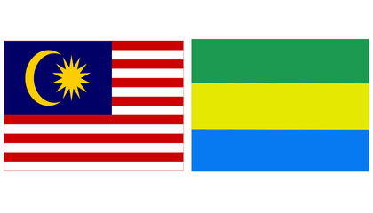Malaysia Official flag with Gabon national flag, both countries flags are in Horizontal shape and isolated on white background, Rectangular colorful design Flag with together.