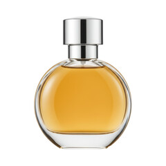 A clear round glass bottle filled with golden amber fluid and topped with a silver cap