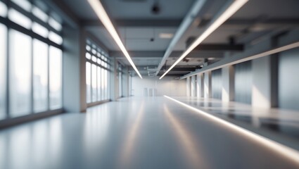 Naklejka premium Empty office with windows in blur. Perspective view. Well-lit space. Blurred industrial area.