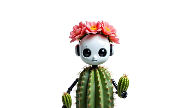 Cute Robot Cactus with Flower Crown and Hands Holding Cacti