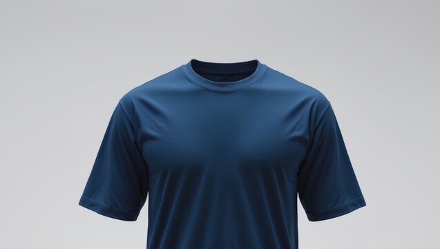 Blue men's t-shirt set against a white backdrop, devoid of logos, vacant branding area. Casual regular t-shirt front blank design. Clothing.