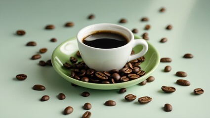 Fototapeta premium Top view of a green saucer with a cup of Americano coffee on a white backdrop, accompanied by close-up coffee beans and small isolated coffee cups.