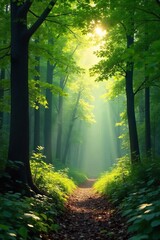 Obraz premium Serene forest scene, dappled sunlight filtering through leaves, creating a tranquil atmosphere perfect for meditation; calm, peaceful nature background , contemplation, earth