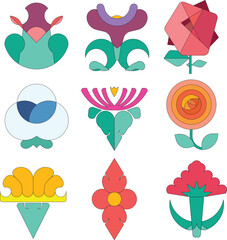 Set of Colorful Geometric Abstract Flower Icons – Vector Floral Collection for Spring and Summer Design Themes