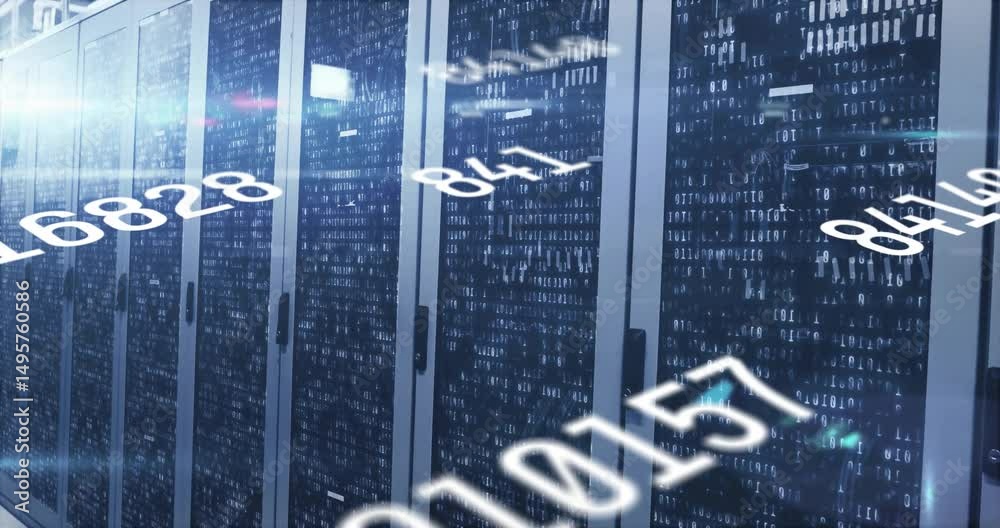 Poster server cabinets binary digits launching flowing numbers drifting diagonally showing data transfer