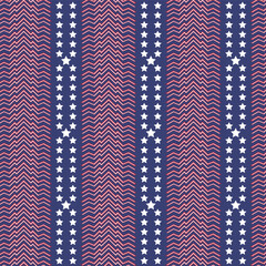 A seamless pattern inspired by the American flag,featuring stylized red zigzag lines and white stars on a dark blue background.Perfect for 4th of July designs,patriotic apparel,and festive decorations
