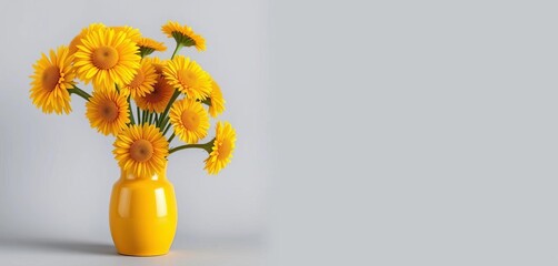 Bright yellow billy buttons in a simple yellow vase against a grey backdrop, spring, flowers in vase