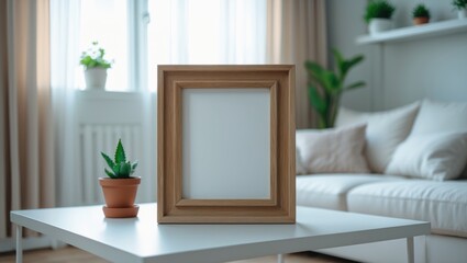 Fototapeta premium Vacant picture frame with blank area on tabletop