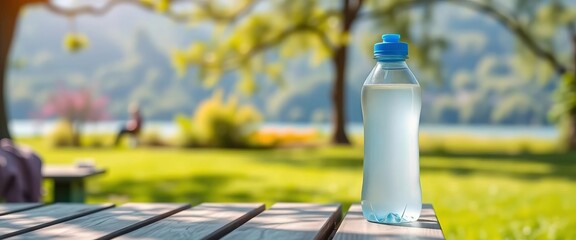 Bright reusable water bottle on picnic table, scenic park backdrop,  lifestyle, nature