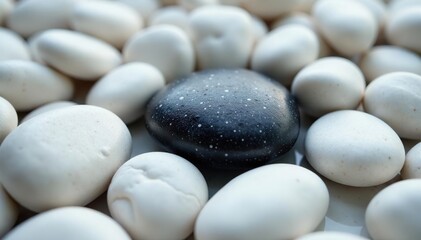 One sleek black pebble among many white stones, minimalistic, monochrome