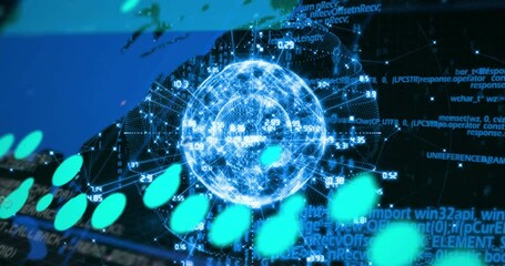 On neon globe appearing, teal data sweeping map sliding overlays updating and visualizing metrics