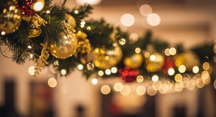 Festive Christmas Garland Decoration with Lights and Baubles, Photo