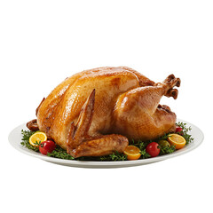 Roast Turkey on White Plate with Fresh Herbs, Orange Slices, and Cherry Tomatoes &ndash; Transparent Background