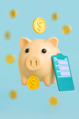 Concepto financiero de un cerdito alcancía flotando con una lista de negocios, monedas para ahorrar, y fondo celeste