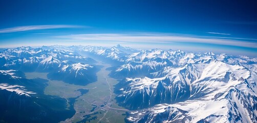 Breathtaking aerial panorama of the Swiss Alps, snow-capped peaks and valleys, glacial, stock photo