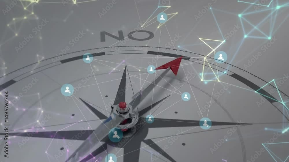 Poster animation starting compass then initiating pointer rotating icons hovering and pulsing toward yes