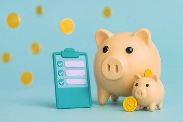 Concepto financiero de cerditos alcancía con una lista de negocios, monedas para ahorrar, y fondo celeste