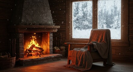 Cozy Winter Cabin Scene with Fireplace and Snowy Window, Illustration