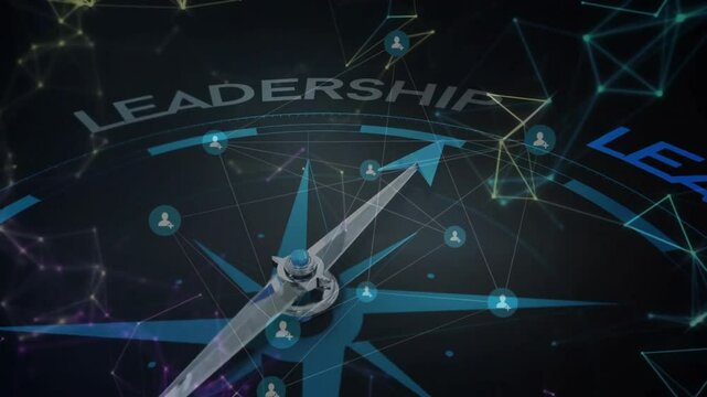 When network nodes fading in and connecting around compass pointer rotating to highlight LEADERSHIP