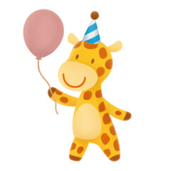 A cute cartoon giraffe wearing a party hat and holding a pink balloon.