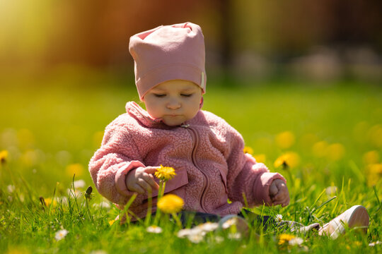 Adorable cute baby girl sitting on grass with flowers in park. Cute kid portrait. 9 month old child. Childhood concept.