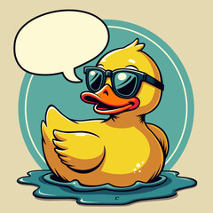 Cartoon duck wearing sunglasses floating in water with a speech bubble  