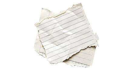 Closeup view of torn, crumpled lined notebook papers isolated on transparent background