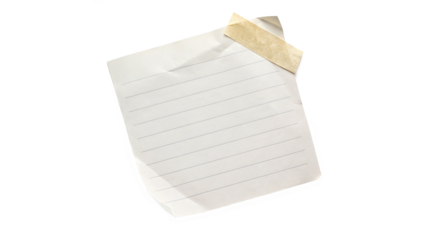 White Lined note paper with adhesive tape isolated on transparent background