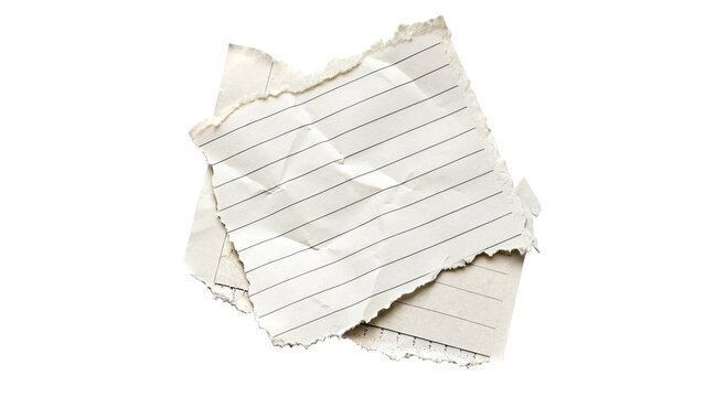 Closeup view of torn, crumpled lined notebook papers isolated on transparent background