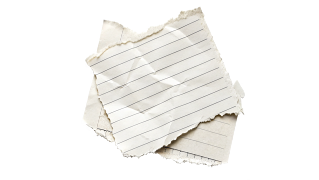 Closeup view of torn, crumpled lined notebook papers isolated on transparent background