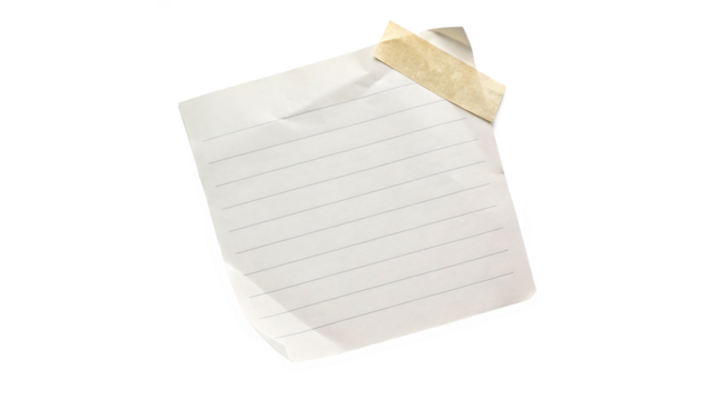 White Lined note paper with adhesive tape isolated on transparent background