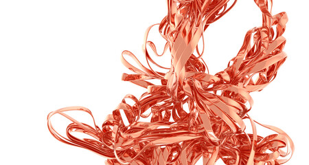 Modern art, rose gold ribbons, abstract background, metallic texture, design element, luxury, elegant, swirl, shiny, copper, 3D render.