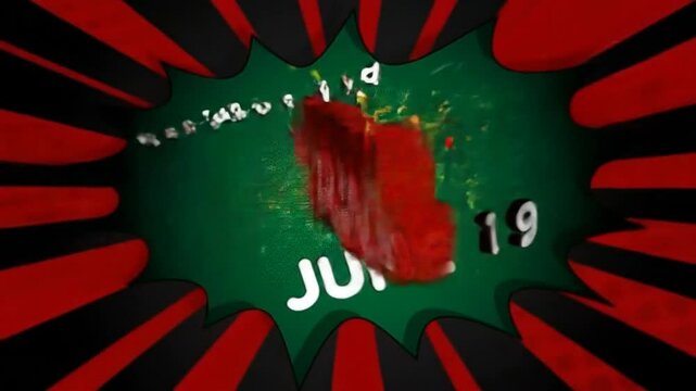 Juneteenth: Freedom Day Celebrations on June 19th with Bold Graphic Design and Dynamic Red and Black Rays Radiating Outward for Vibrant Recognition of History and Liberation.
