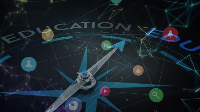Compass needle materializing in mesh, rotating clockwise and pulsing icons around education ring