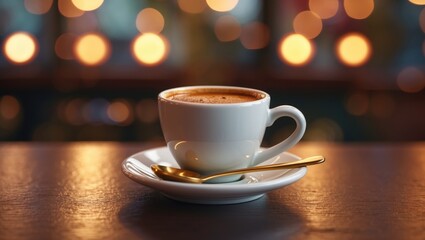 Fototapeta premium Cappuccino in a white mug placed on a wooden cafe table with a glowing backdrop