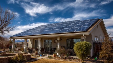 Obraz premium A stunning image of modern Solar Panels Installed On A Albuquerque Home Under Clear Blue Sunny Sky, Solar Photography, Solar Powered Clean Energy, Sustainable Resources.