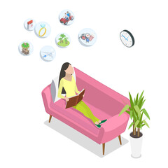 3D Isometric Flat  Illustration of Reading Lover, Grow Creative Imagination