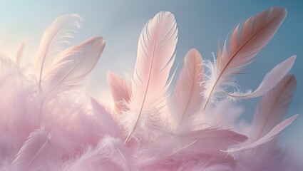 Toned bird feather backdrop in popular hues, highlighting softness and tenderness, selective focus applied