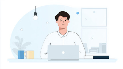 Flat illustration of confident male employee in casual office setting, sitting at desk with laptop and relaxed posture