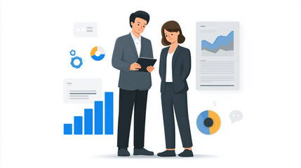 Fototapeta premium Flat vector illustration of two executives collaborating with digital tablet in office, surrounded by modern icons and visual data graphics