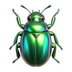 A shiny green beetle with metallic reflections and detailed body features.