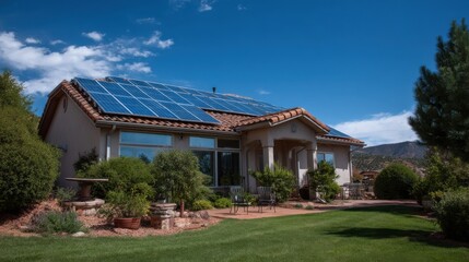 A stunning image of modern Solar Panels Installed on a Colorado Springs Home Under Clear Blue Sunny Sky, Solar Photography, Solar Powered Clean Energy, Sustainable Resources.