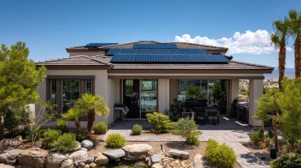 A stunning image of modern Solar Panels Installed on a Las Vegas Nevada Home Under Clear Blue Sunny Sky, Solar Photography, Solar Powered Clean Energy, Sustainable Resources.