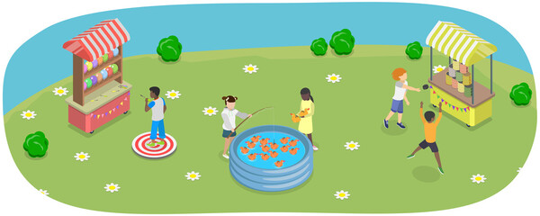 Fototapeta premium 3D Isometric Flat Illustration of Outdoor School Fair Games, Playground Entertainment