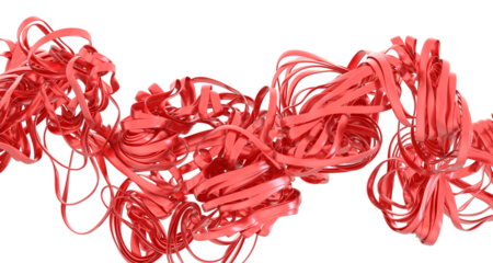 High-resolution image of tangled red ribbons, perfect for modern art, design, and abstract backgrounds.