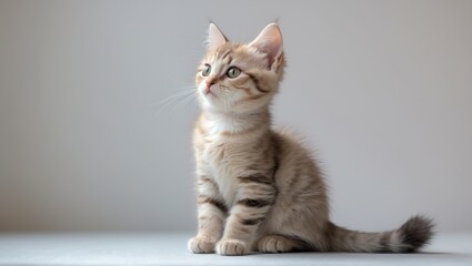 Obraz premium Cute small domestic kitten with a smiling face on a plain white backdrop.